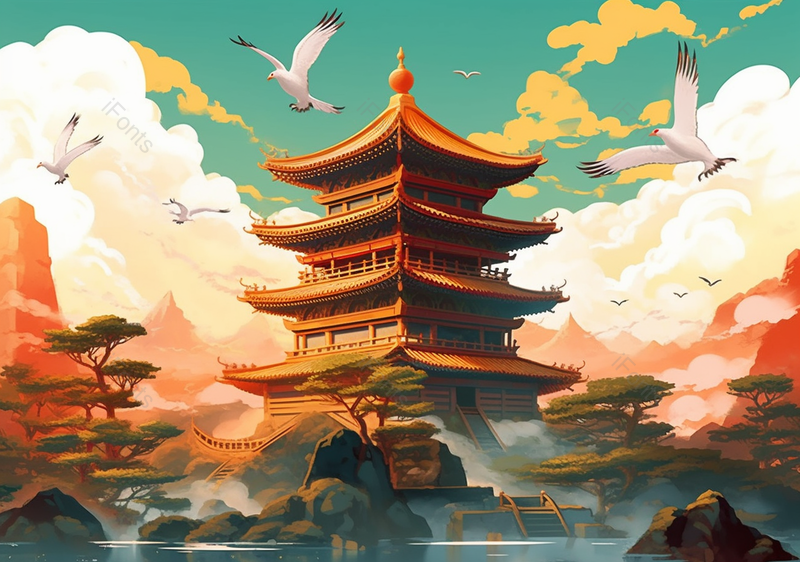 楼阁古建筑山水国潮风插画背景,插画/手绘图,插画/手绘图库,插画/手绘图下载,插画/手绘
